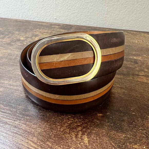 A. Testoni Soft Leather Belt Men Stripe Classic Gold Buckle Designer Italy Brown - Picture 11 of 11